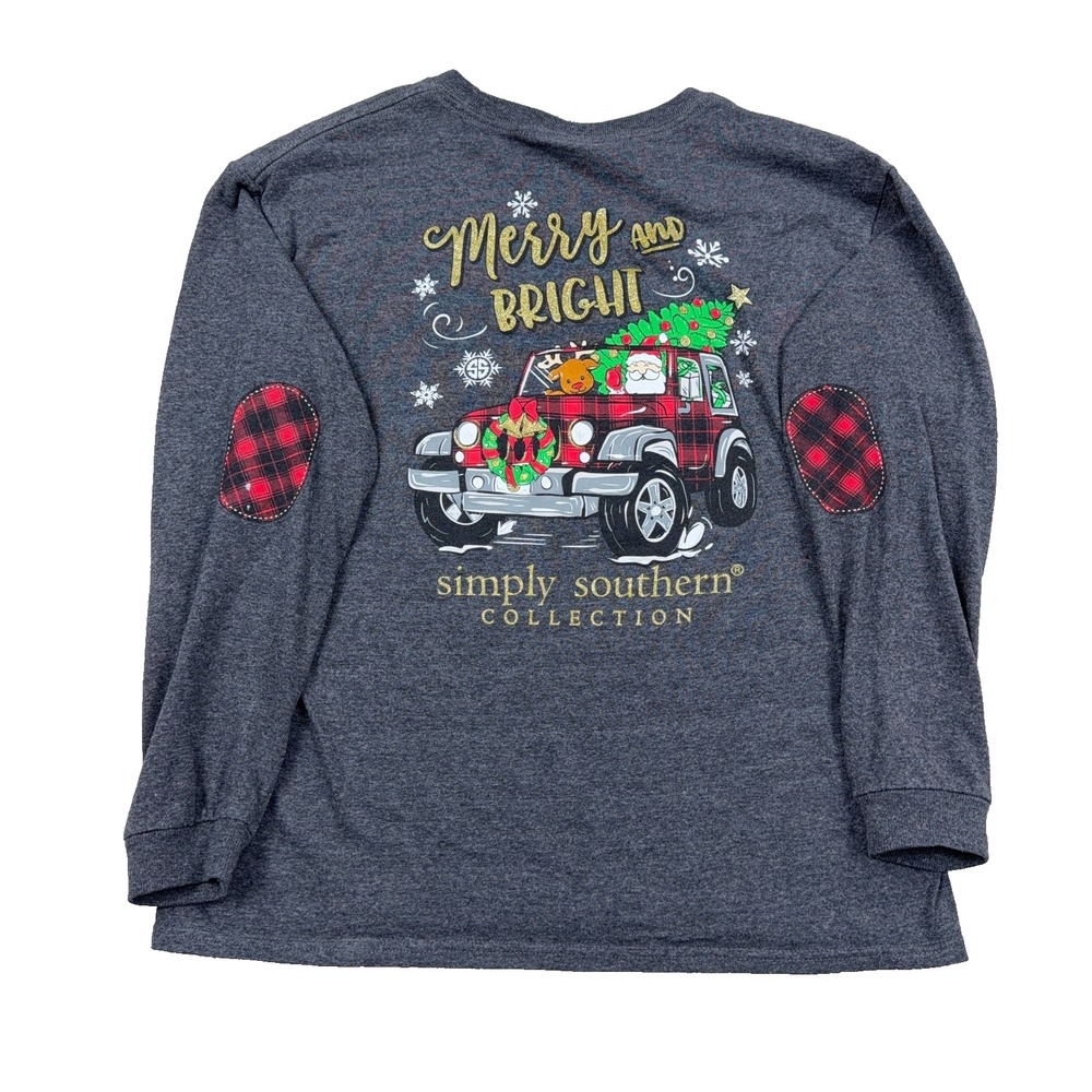 Simply Southern Shirt Youth Girls Large Gray Christmas Long Sleeve Santa Holiday